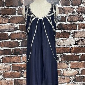Suzi Chin Dress Metal Sequins Beads Navy Blue Sheath Knee Length Sleeveless 10